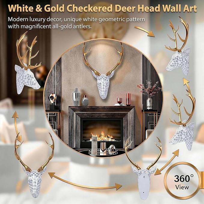 GIGICICI Mosaic Deer Head Wall Decor 15.7x8.7 Inch, Artistic Faux Resin Animal Head Wall Sculpture Hanging for Living Room Bedroom Kitchen Office, Gold-Silver Gift