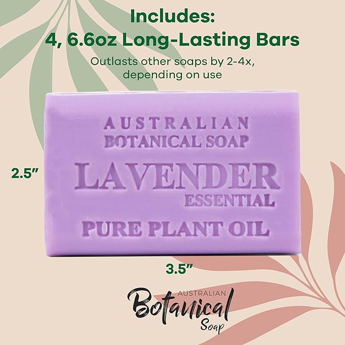 Australian Botanical Soap Lavender with Essential Oil 6.6 oz Luxury Soap Bars Enriched with Shea Butter, Pack of 4, Packaging May Vary