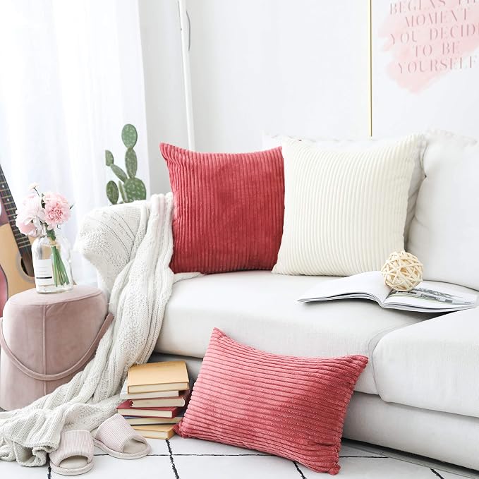 Home Brilliant Rectangular Pillow Cover 12 x 20 Solid Striped Velvet Corduroy Couch Chair Lumbar Pillow Oblong Summer Throw Pillow case for Baby Toddler, 12 x 20, Cream Cheese