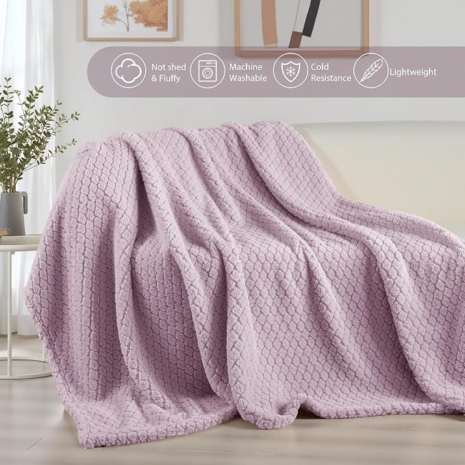 Exclusivo Mezcla Soft Fleece Throw Blanket for Couch, Lilac Purple | Jacquard Lightweight Cozy Throws for Bed, Sofa, Breathable Decorative Fuzzy Textured All Season Use, 50x60 Inches
