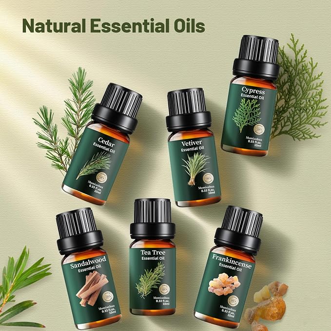 Woody Essential Oils Set, Pure Sandalwood Cedarwood Tea Tree Cypress Frankincense Vetiver – Natural Aromatherapy for Diffuser, Meditation, Candle & Soap Making – 6x10ml