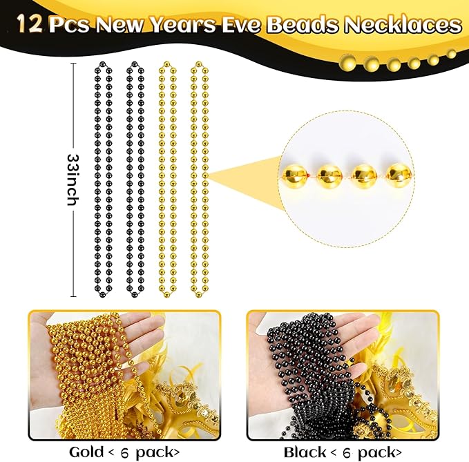 SHAOQINLIN 12 PCS Gold Black New Year Beads Necklaces, 33'' New Year Eve Necklaces Round Beads Necklace Accessories for Happy New Year's Day, Halloween, Christmas, Carnival Party Favors