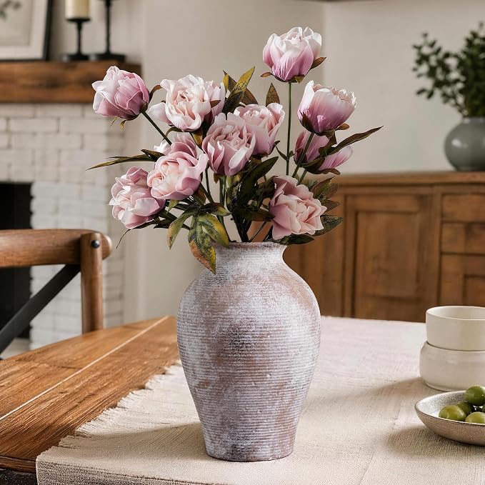 Ceramic Flower Vase Home Decor, 9 in Farmhouse Table Vase Retro Vintage Living Room Kitchen Bedroom Decoration Pottery Decorative Vases for Flowers Shelf Office Coffee Desk Dining Entryway, Classic