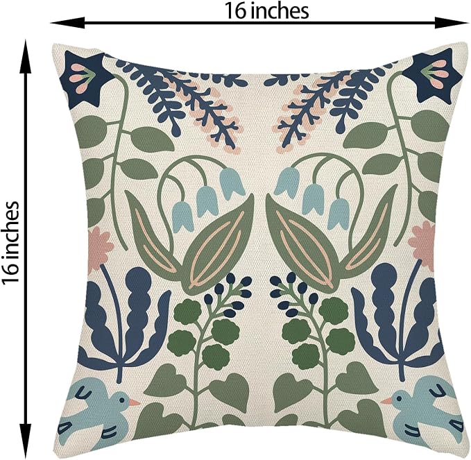 Boho Navy Blue Green Flower Pillow Covers 16x16 Inch Set of 2 Sage Green Floral Throw Pillows Vintage Flower Outdoor Pillowcase Linen Seasonal Decorations Farmhouse Cushion Case for Sofa Home