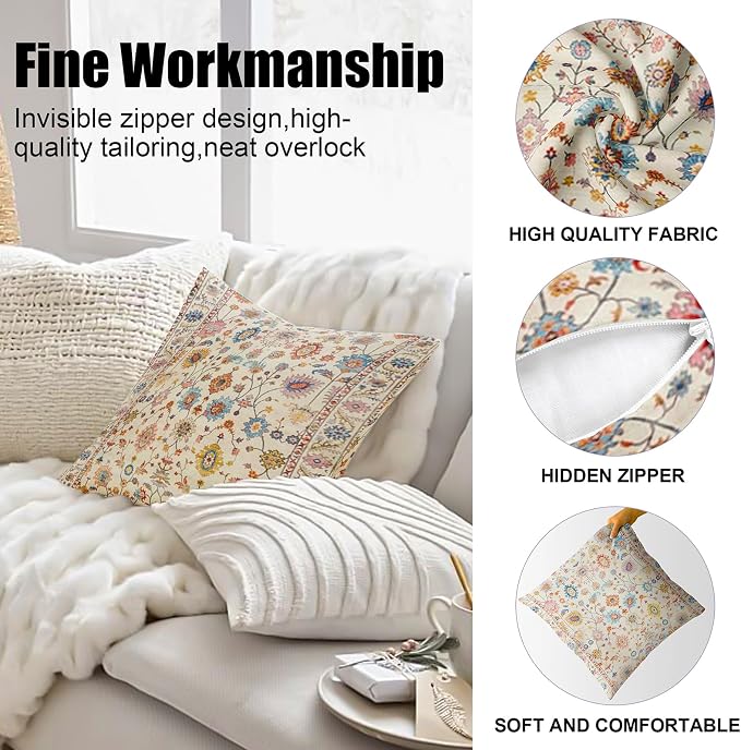 Boho Throw Pillow Covers 22x22 inch Set of 2,Soft Pillowcases Bohemia Carpet Printing Pattern Decorative Sofa Living Room Bed Square Pillow Case Cushion Cover-Flower