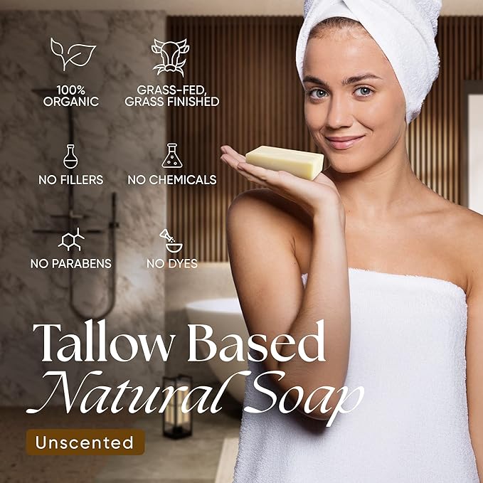 2-Pack Beef Tallow Soap Bar Grass Fed – Organic Body Soaps, Face Tallow Soap Bar for Women – All Natural Soaps for Sensitive Skin, Moisturizing & Nourishing Cleanser for All Skin Types, In Unscented