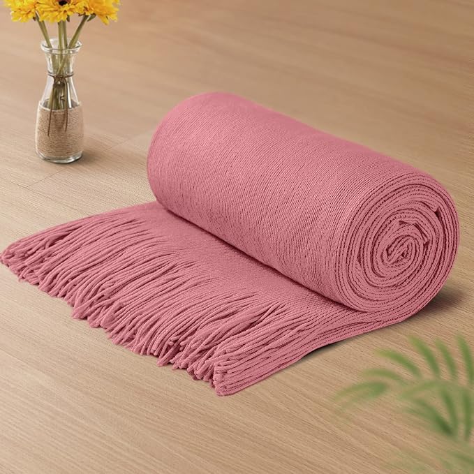 Vonty Dusty Pink Knitted Throw Blanket with Tassels Fringe, 50x60 Acrylic | Super Soft And Lightweight, Year-Round Cozy Warmth, Farmhouse Decorative Style, Machine Washable, for Couch, Sofa or Bed