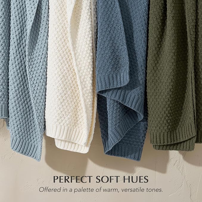 EVERGRACEHOME Chunky Chenille Knit Throw Blanket, 50 x 60, Chambray Blue | Sculpted Moss Stitch, Chic Modern Farmhouse, All-Season Warmth, OEKO-TEX® Certified, Elegant Blanket for Couch, Bed, Sofa