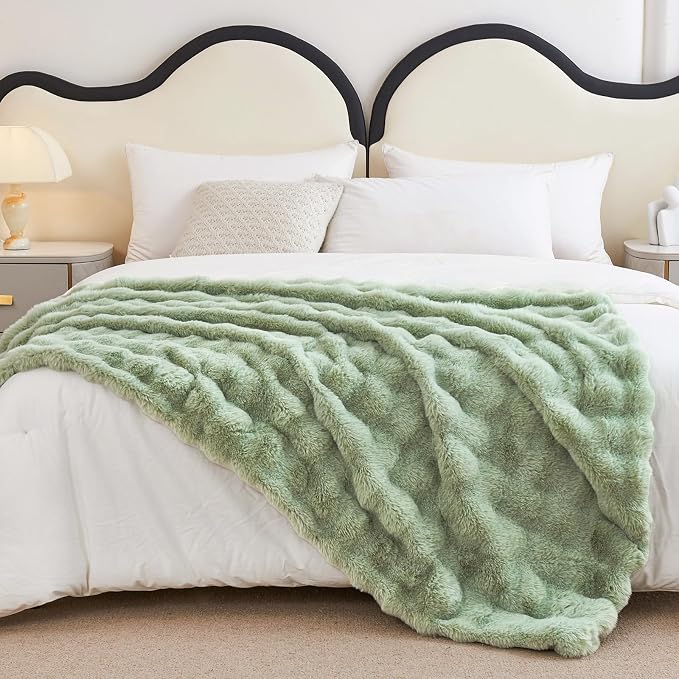 Faux Rabbit Fur Throw Blanket for Couch Gifts for Women, 60"x80" Sage Green | Cozy Reversible Fluffy Throw, Luxury Plush Thick Bubble Blanket, Mothers Gifts for Women, Soft Warm for Bed, Home Decor
