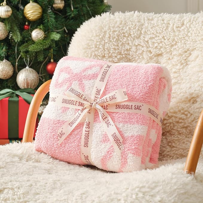 Snuggle Sac Bow Throw Blanket for Couch, Microfiber Fluffy Warm Cozy Fuzzy Reversible Checkered Blankets for Sofa, Chair, Bed, 50x60 inches for Wife Daughter Women Gift