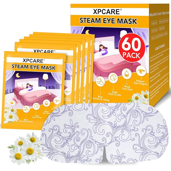 XPCARE 60 Pack Steam Eye Masks for Dry Eyes, Self Heated Steam Warm Eye Mask, Disposable Heated Eye Mask for Dark Circles, Puffy Eyes, Relief Stress Eye Fatigue（Chamomile）