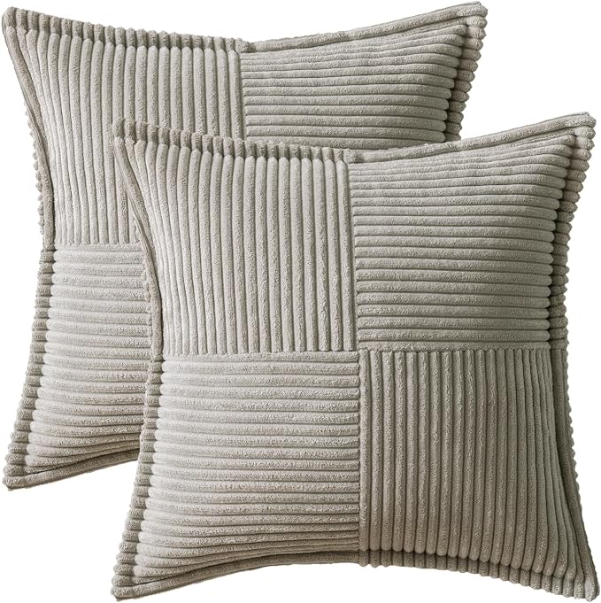 MIULEE Decorative Throw Pillow Covers for Couch 20x20 Inch Light Grey | 2 Pack, Boho Broadside Striped Patchwork Pillow Covers, Soft Corduroy Cushion Cases, For Sofa Bed Livingroom Home Decor