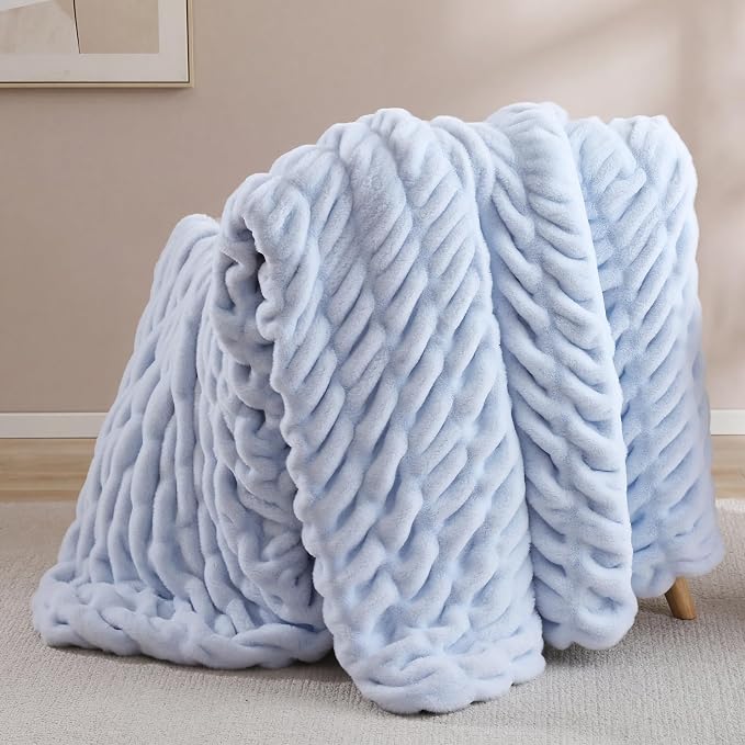 Light Blue Fluffy Blanket for Couch - Luxury Faux Rabbit Fur 60"x80" | Ultra Soft & Plush Comfort Ruched Blanket, Cozy Fuzzy Fleece Throw for Sofa, Bed & Office, Gift for Women, Blue Room Decor