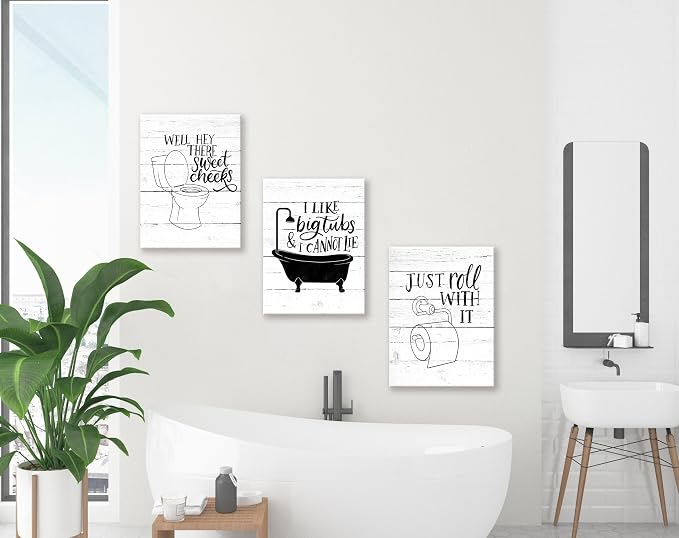 Funny Bathroom Canvas Wall Art Black and White Toilet Bathtub Bath Set Poster Print 3 Pieces Bathroom Quotes Painting Retro Wood Style Artwork for Restroom Farmhouse Bath Bathroom Decor 12"x16"(30x40cm)