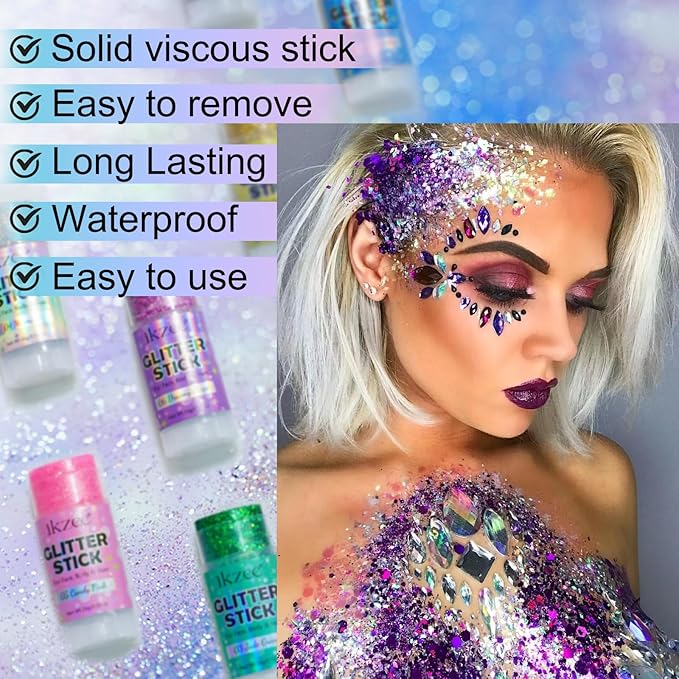 Silver Hair Glitter Stick, Christmas Body Glitter Stick, Waterproof & Long Lasting, Face Glitter Gel Makeup with Sparkle for Concerts Music Rave Festival Party Shimmer Accessories