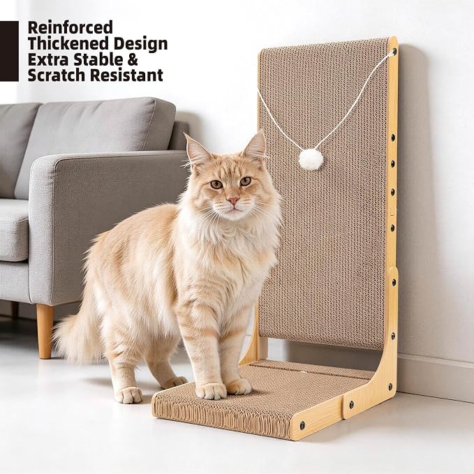 27.6 Inch Reinforced Cat Scratcher, L-Shaped Wall Mount Scratching Post with 2 Catnip Balls & 1 Fuzzy Ball Toy, Easy Flip Scratch Pad for Indoor Cats
