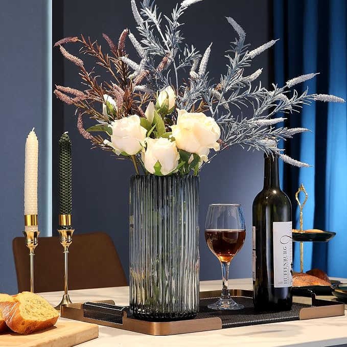 Large Cylinder Ribbed Grey Glass Flower Vase for Farmhouse Dining Table Centerpieces Decor