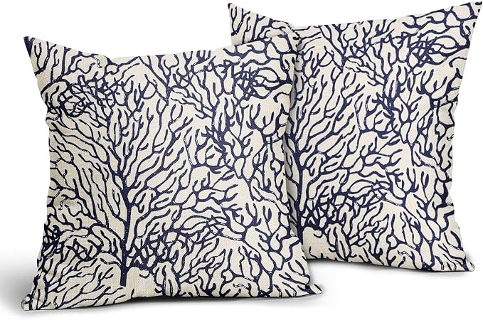 Nautical Coastal Coral Pillow Covers 16x16 Inch Set of 2 Summer Ocean Beach White Blue Decorative Pillow Cases Outdoor Linen Cushion Cover Farmhouse Decor for Bedroom Home Sofa Couch Bed