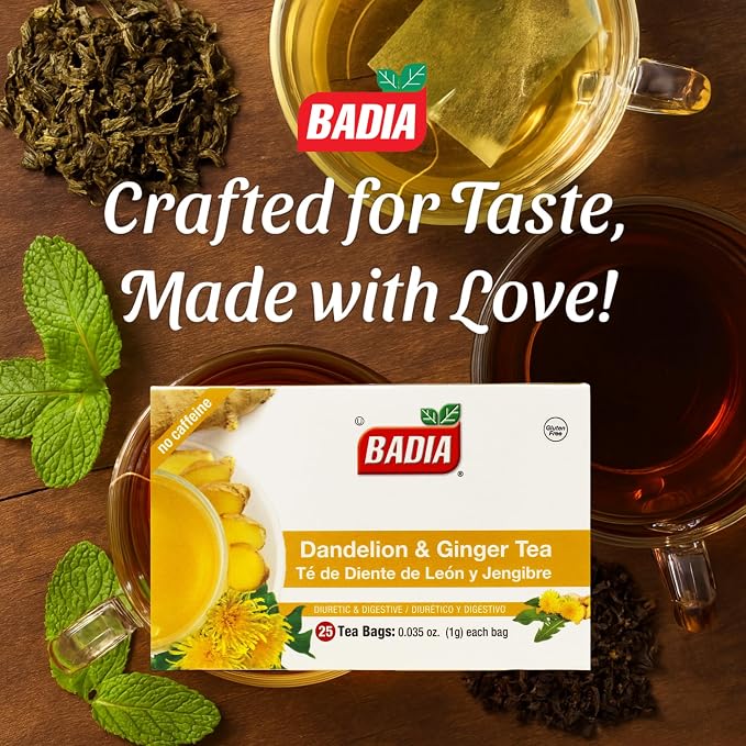 Badia Dandelion & Ginger Tea, 25 Bags – Herbal Detox Blend for Digestive Support and Liver Health (Pack of 2)
