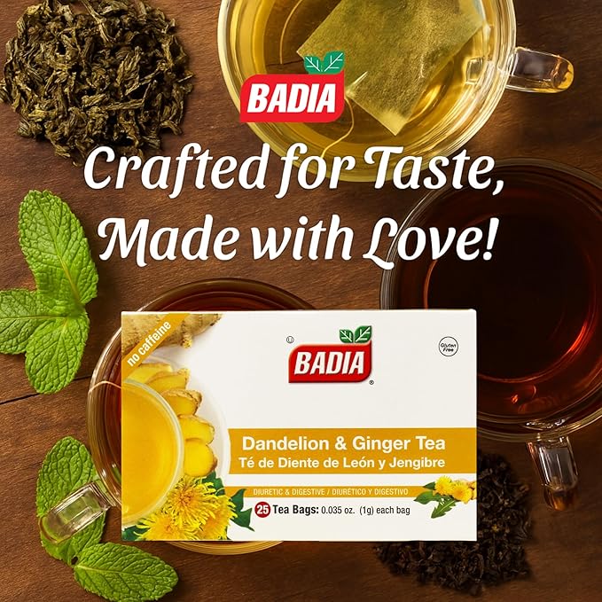 Badia Dandelion & Ginger Tea, 25 Bags – Herbal Detox Blend for Digestive Support and Liver Health