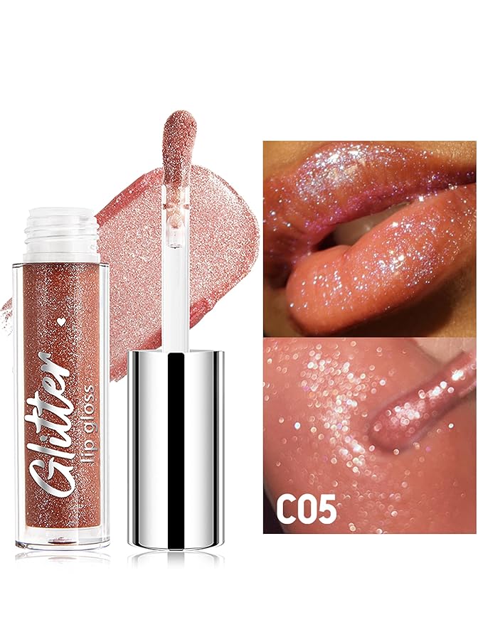 Erinde Glitter Shimmer Lip Gloss, Hydrating High-Shine Glimmer Finish & Sheer Wash Of Color Lip Oil, Non-Sticky, Moisturizing Lip Makeup, Bling Sparkle Lip Gloss Lipstick, Vegan & Cruelty-Free, 05