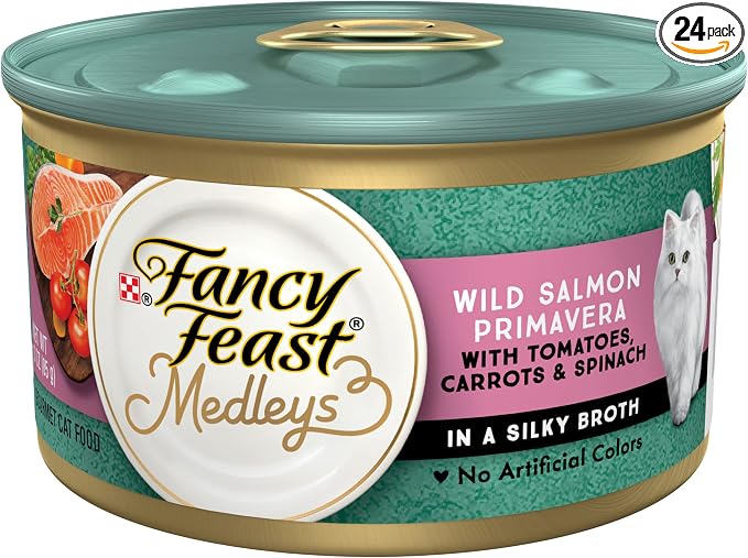 Purina Fancy Feast Wet Cat Food Medleys Wild Salmon Primavera With Tomatoes Carrots and Spinach in Silky Broth - (Pack of 24) 3 oz. Cans