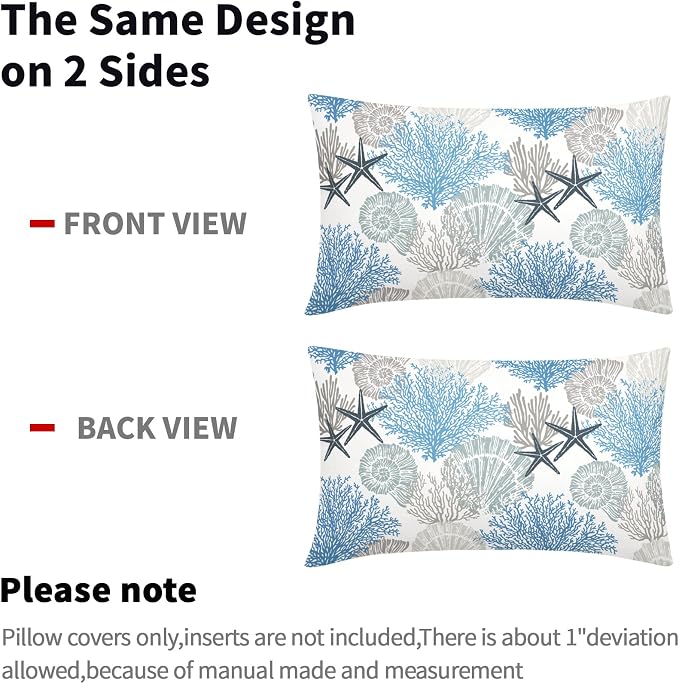 Coastal Starfish Seashell Coral Lumbar Pillow Covers 12X20 Inch Set of 2 Summer Nautical Beach Decorative Pillow Cases Sea Ocean Cotton Linen Cushion Case Farmhouse Home Decor For Sofa Couch Bed Room