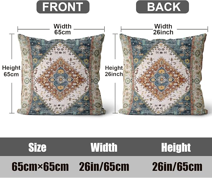 Boho Throw Pillow Covers 26x26 inch Set of 2,Soft Pillowcases Bohemia Carpet Printing Pattern Decorative Sofa Living Room Bed Square Pillow Case Cushion Cover-Blue Green