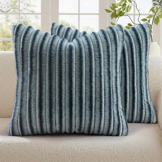 decorUhome Fall Faux Fur Throw Pillow Covers 20x20 Set of 2 Blue Grey | Decorative Soft Cozy Striped Plush Modern Farmhouse Boho Couch Pillow Cases Velvet Back for Sofa Bed Living Room Home Decor