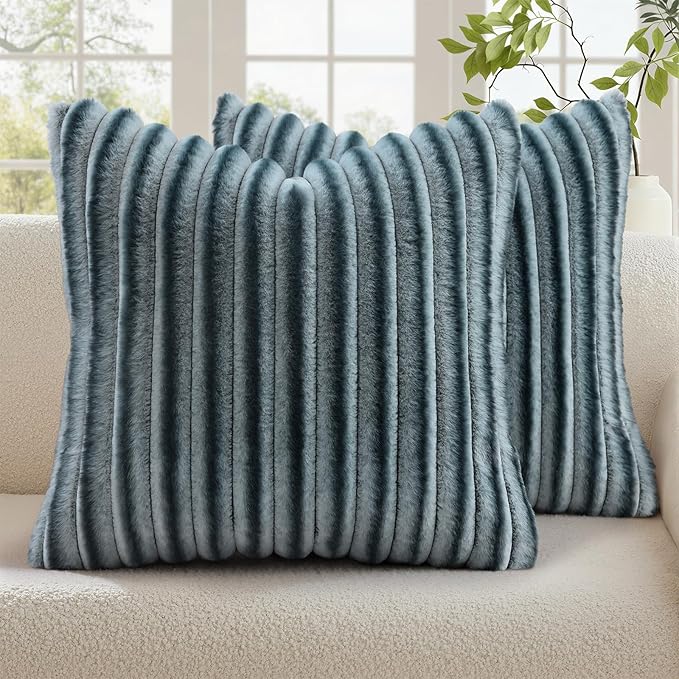 decorUhome Fall Faux Fur Throw Pillow Covers 16x16 Set of 2 Blue Grey | Decorative Soft Cozy Striped Plush Modern Farmhouse Boho Couch Pillow Cases Velvet Back for Sofa Bed Living Room Home Decor
