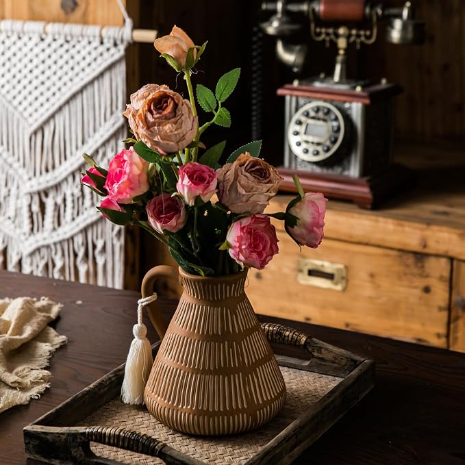 Mowtanco Rustic Farmhouse Vase with Handle and Tassel, Vertical Stripes Terracotta Pottery - Vintage Ceramic Clay for Home Décor, Shelf, Table, Bookshelf, Mantle, Entryway