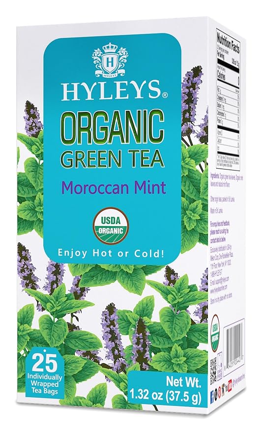 HYLEYS Organic Green Tea, Moroccan Mint Flavor - 25 Individually Wrapped Tea Bags - USDA Organic - Kosher & Vegan