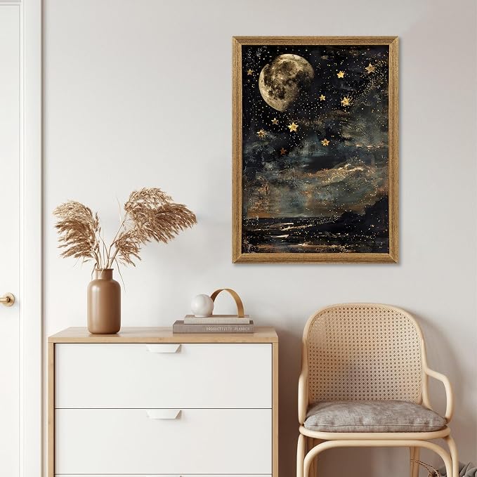 ICHZUMW Framed Moon and Stars Celestial Vintage Canvas Wall Art 16x24 In | Dark Moody Night Sky Painting, Gothic Dark Academia Wall Decor for Bedroom Living Room Bathroom Office, Ready to Hang