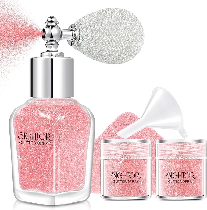 SIGHTOR Body Glitter Spray, 30ML Shiny Spray for Body Hair Face Clothing, Highlighter Powder Spray Shimmer Sparkle Pearl Powder Makeup Nail Art Spray for Stage Makeup Party (Pink)