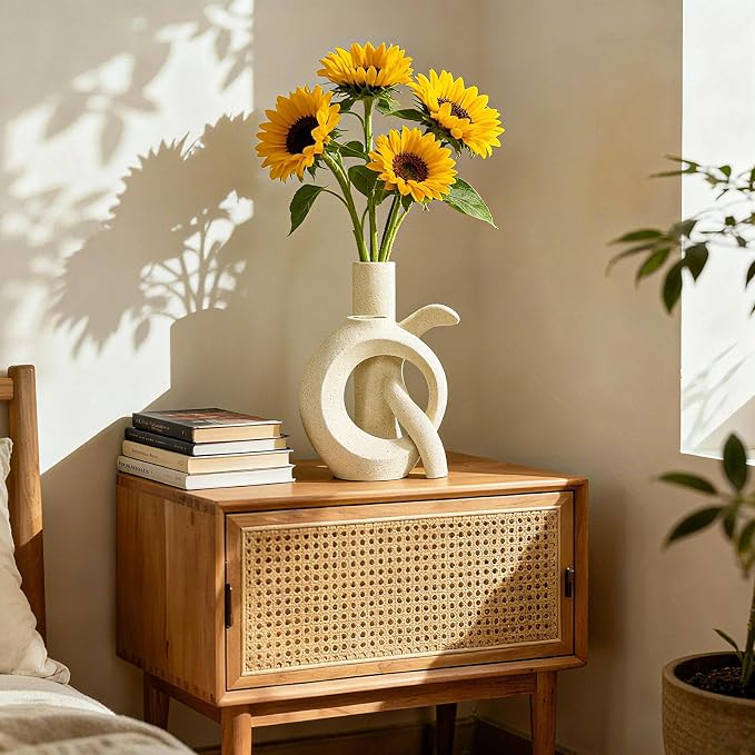 Assemble OK Ceramic Vase Set of 2 for Home Decor, Modern Boho Ins Style Matte Vase for Pampas Grass for Table Centerpiece, Living Room, Shelf, Mantle, Housewarming Gift (Beige White)