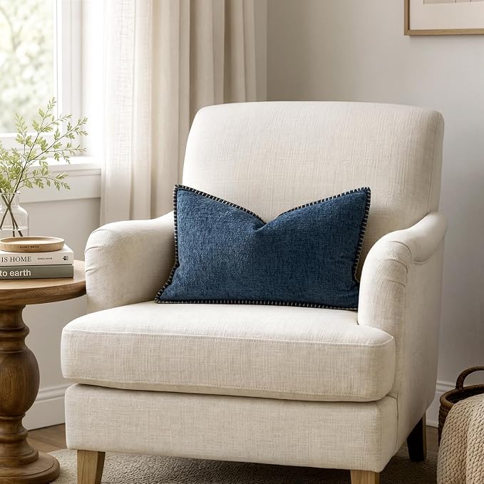 MIULEE Decorative Lumbar Throw Pillow Covers 12x20 Inch Dark Blue 2 Pack | Farmhouse Pillow Covers with Stitched Edge, Soft Chenille Cushion Cases, for Couch Sofa Bed Living Room Home Decor