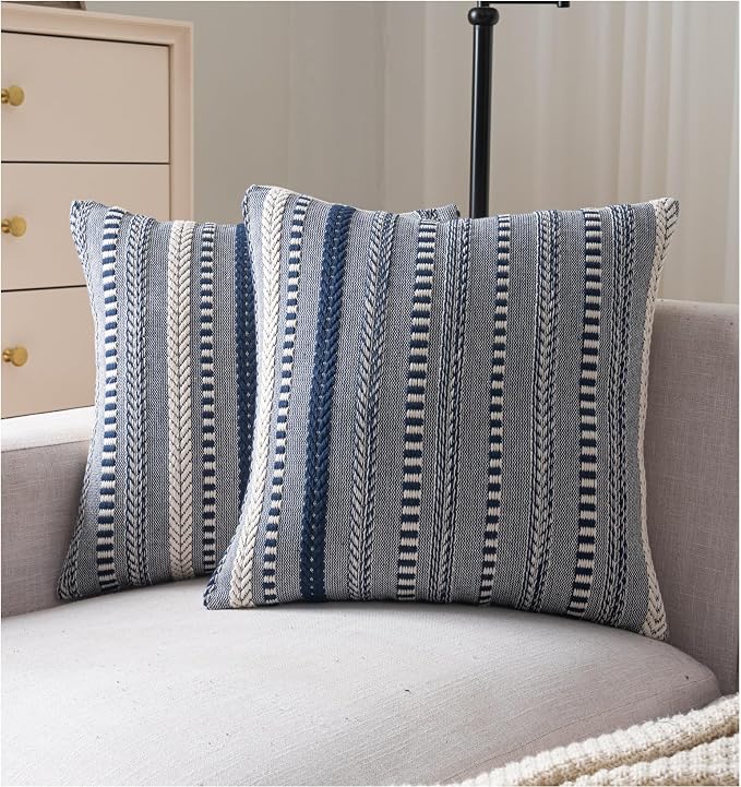 Cethom Boho Throw Pillow Covers 18x18 Inch Set of 2, Farmhouse Decorative Couch Pillow Cases, Navy Blue Accent Pillows of Bed, Sofa Bedroom Living Room Home Decor Cushion Cover