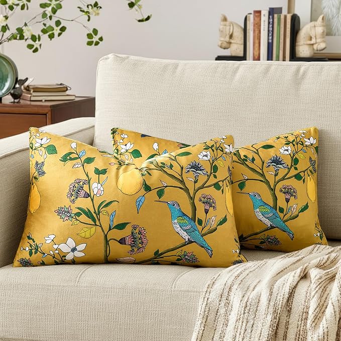 MUSSEL Yellow Velvet Floral Decorative 12x20 Lumbar Pillow Covers Set of 2 | Durable and Sturdy,Botanical Printed Pattern,Throw Pillows Case,Rectangle,Colorful Farmhouse ,Home Sofa Bed Couch Decor
