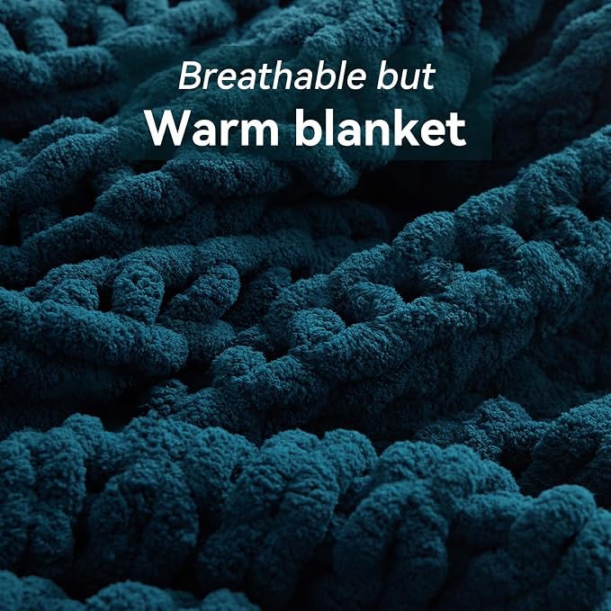 Negwoo Chunky Knit Throw Blanket, Knitted Throw Chenille Yarn, 40"*50" | Soft Thick Cable Knitted Blankets, Handmade Big Thick Blanket,Machine Washable Cute Comfy Blanket for Home Decor,Peacock blue