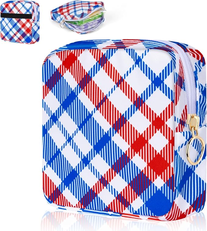 Period Bag Pouch Soft Cloth Sanitary Napkin Storage Bag Portable Menstrual Pad Pouches Tampon Holder for Purse First Period Kit for Girls 9-12 (Red-blue Stripes)