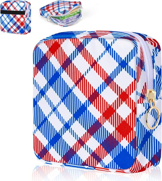 Period Bag Pouch Soft Cloth Sanitary Napkin Storage Bag Portable Menstrual Pad Pouches Tampon Holder for Purse First Period Kit for Girls 9-12 (Red-blue Stripes)