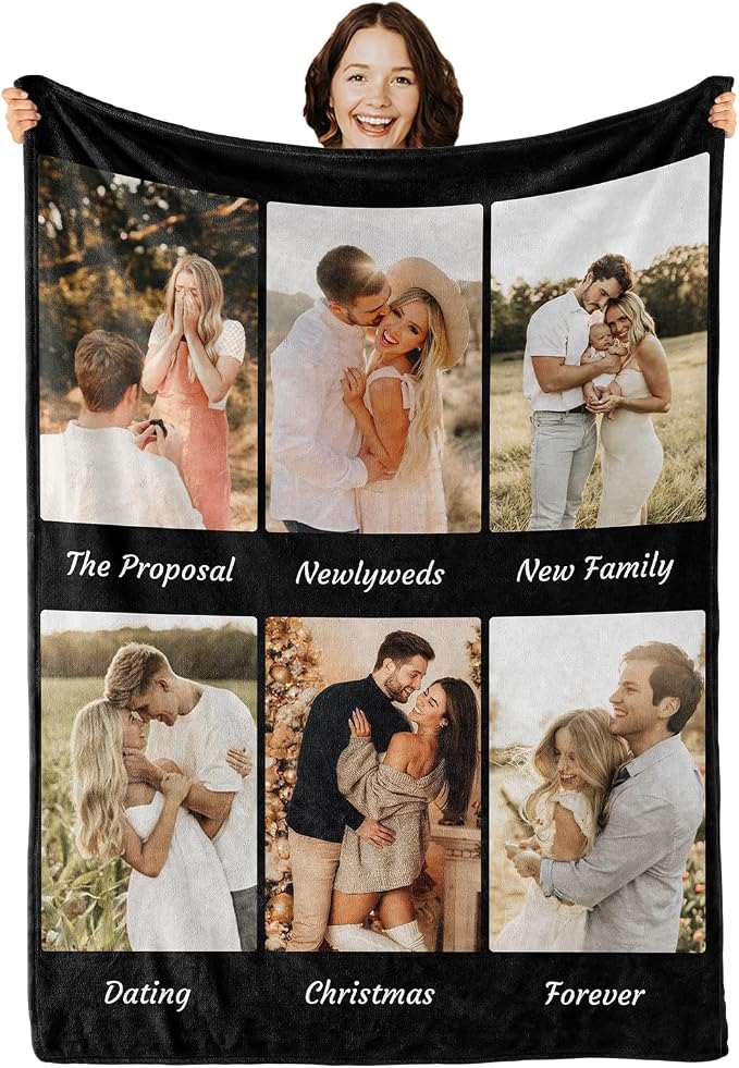 iDIY Custom Blanket with Picture and Text - Ships Next Day - Personalized Photo Throw - Customized Gifts for Family and Couples - 6 Photos