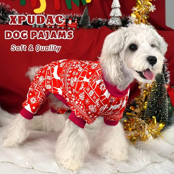 XPUDAC 4 Pack Christmas Dog Pajamas Santa Pet Clothes for Small Dogs, XS | Stretchy, Soft, Breathable, Sleepwear, Gentle on Skin, Warm, Dog Christmas Outfit, Shedding Suit, All Seasons, Holiday
