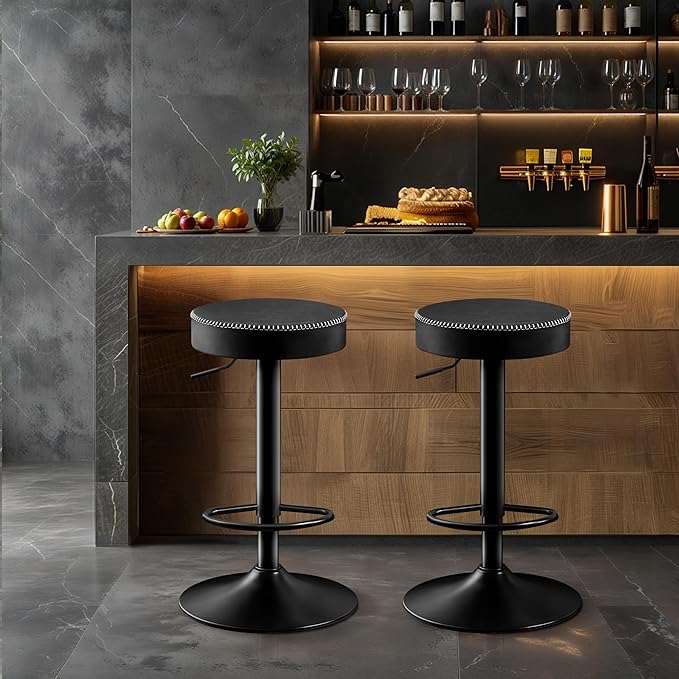 Swivel Bar Stools Set of 2 Black Microfiber Leather Counter Height Bar Stools with Round Seat Adjustable Backless Barstools Modern Tall Bar Chairs for Kitchen Island (24-33 Inch,330lbs)