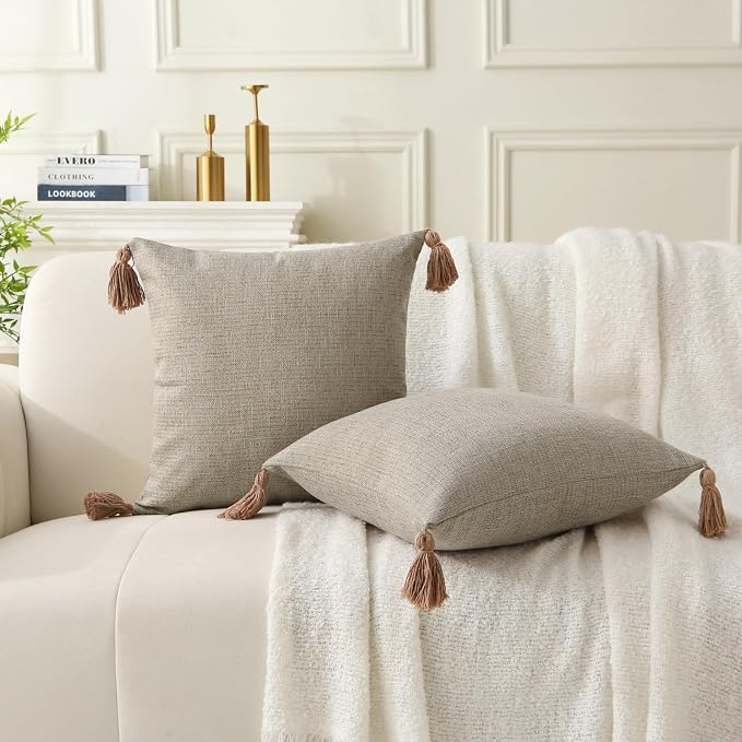 Decorative Throw Pillow with Tassels, 18x18 Farmhouse Pillows with Inserts, Square Boho Pillow for Couch, Patio, Bed, Sofa Decor (Light Linen, 18" x 18"(Pack of 2))