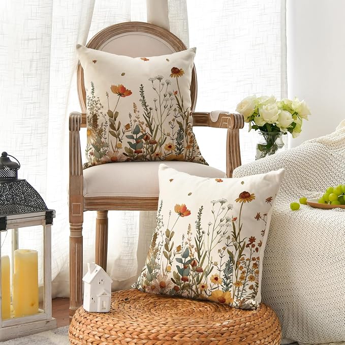 AVOIN colorlife Fall Flowers Throw Pillow Covers 18x18 Inch Set of 2 | Seasonal Autumn Thanksgiving Harvest Decoration for Sofa Couch Farmhouse Living Room Decor