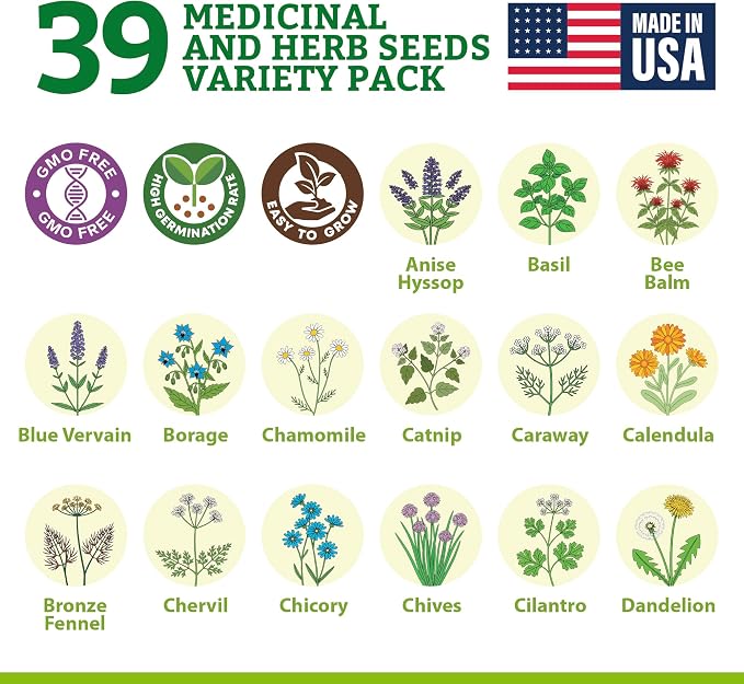 Medicinal Herb/Tea Seeds Garden -39 Variety Heirloom Gift Kit - Made in USA