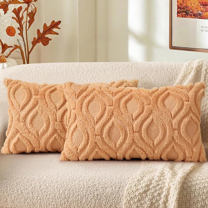 decorUhome Faux Fur Plush Light Orange Throw Pillow Covers 12x20 Set of 2 | Plush Solid Fall Couch Pillow Covers, Accent Modern Farmhouse Neutral Decorative Square Pillow Cases for Sofa Bed Living Room
