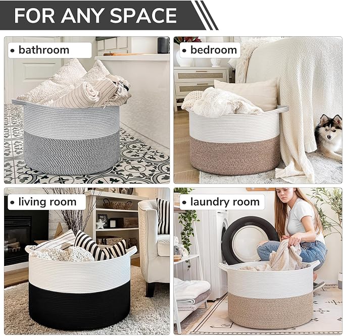 INDRESSME XXXLarge Woven Rope Blanket Basket Living Room White Black, 90L | 21.7" x 13.8" Storage baskets for toys laundry & pillows. Fits living room, bedroom or nursery décor. Soft-touch with handles