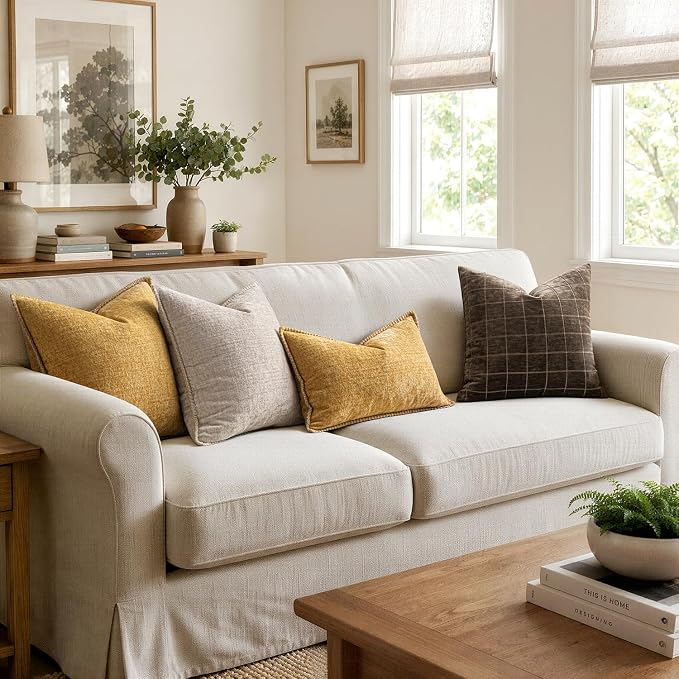 MIULEE Decorative Euro Sham Pillow Covers 24x24 Inch Gold 2 Pack | Mustard Yellow, Farmhouse Throw Pillow Covers with Stitched Edge, Soft Chenille Cushion Cases, for Couch Sofa Bed Living Room